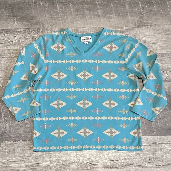Pendleton Aztec Print V Neck Shirt Womens M 3/4 Sleeve Blue Teal Southwestern - Picture 1 of 6